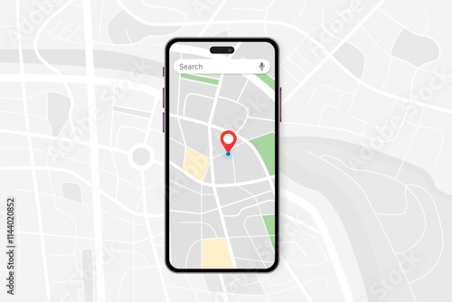 GPS mobile navigation concept. Vector realistic phone with red pin.