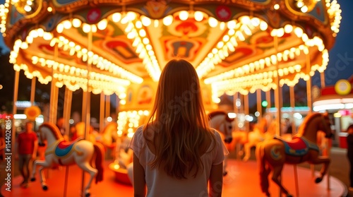Illuminated carousel, a woman's back turned, enjoying the magical night's glow. Fairytale ambiance.