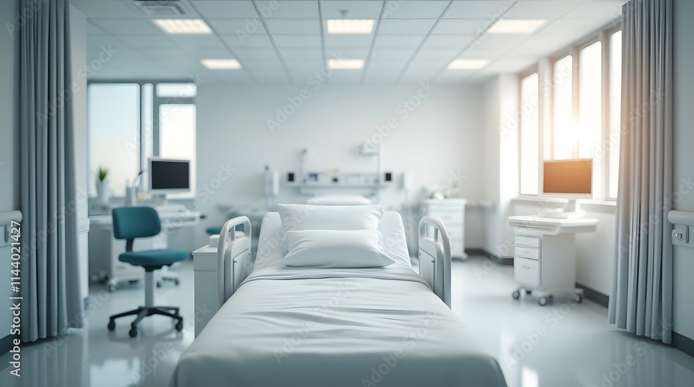 Fototapeta premium Empty hospital bed, sterile room, bright sunlight streams through windows, conveying a sense of hope and calm, yet also solitude.