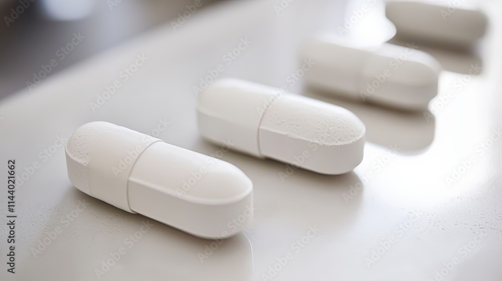 Elegant White Capsules on a Soft Surface for Health and Wellness Elegant White Capsules on a Soft Surface for Health and Wellness