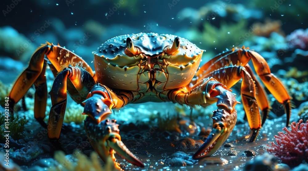 Giant Crab in the Deep Sea with Bioluminescent Light. Giant Crab in the Deep Sea with Bioluminescent Light.