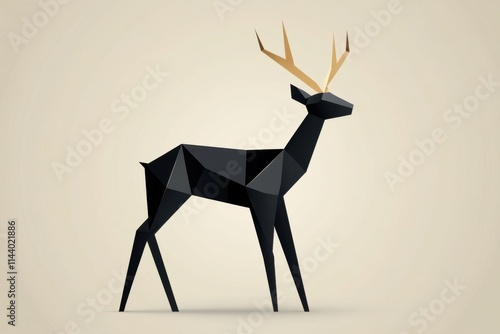 Abstract low-poly deer design with golden antlers on a soft beige background, suitable for modern art projects and nature-themed decorations. photo