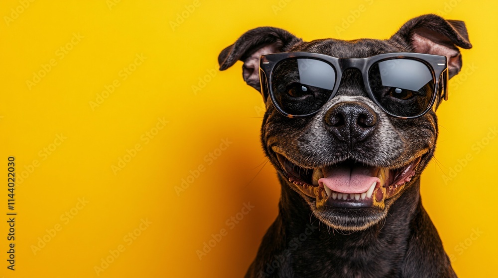 Happy dog with sunglasses and a beach hat, against a bold yellow background, embracing the lively energy of summer holidays and vacation fun. Happy dog with sunglasses and a beach hat, against a bold yellow background, embracing the lively energy of summer holidays and vacation fun.