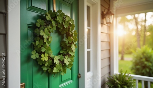 Clover garland hanging on door, cozy home entrance,  Saint Patrick's Day