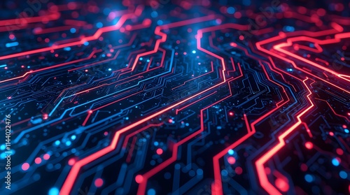 Wallpaper Mural Glowing Circuit Board: Red and Blue Pathways of Data, Technology's vibrant pulse. Digital streams illuminate the future. Torontodigital.ca