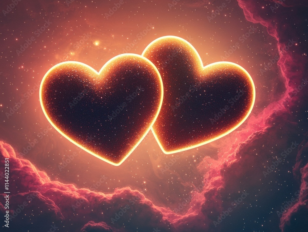Two glowing hearts surrounded by cosmic clouds, radiating warmth and love against a vibrant, starry background. Two glowing hearts surrounded by cosmic clouds, radiating warmth and love against a vibrant, starry background.