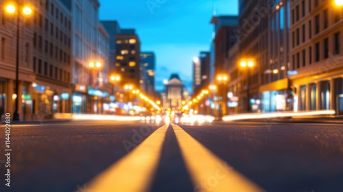 Urban Street at Dusk with Traffic Lights and Cityscape in the Background, Showcasing Blurred Motion of Vehicles and Illuminated Buildings in Evening Glow