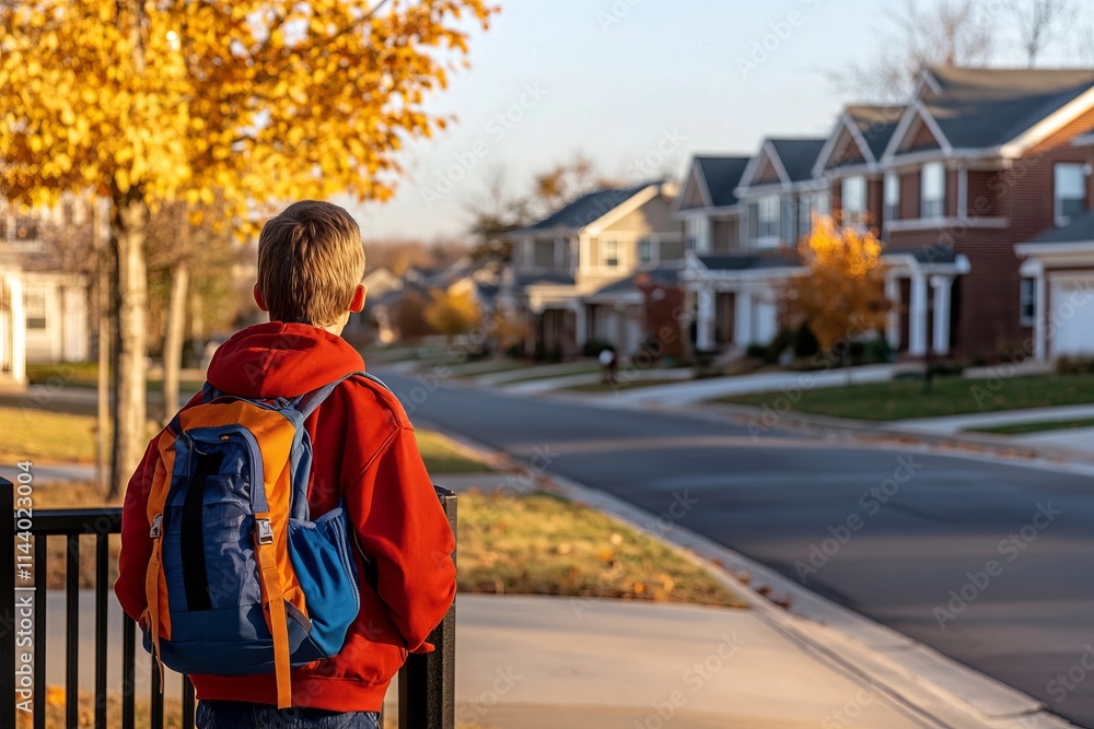 Young student waiting at bus stop in suburban neighborhood during autumn Young student waiting at bus stop in suburban neighborhood during autumn