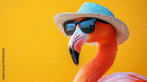 Cheerful flamingo sporting sunglasses and a beach hat, against a bold yellow background, perfect for summer and vacation-themed designs. photo