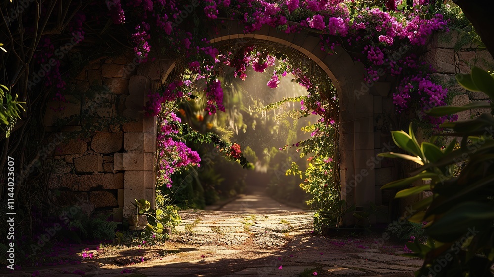 Fototapeta premium Enchanted Garden Archway: A Sunlit Path to Tranquility