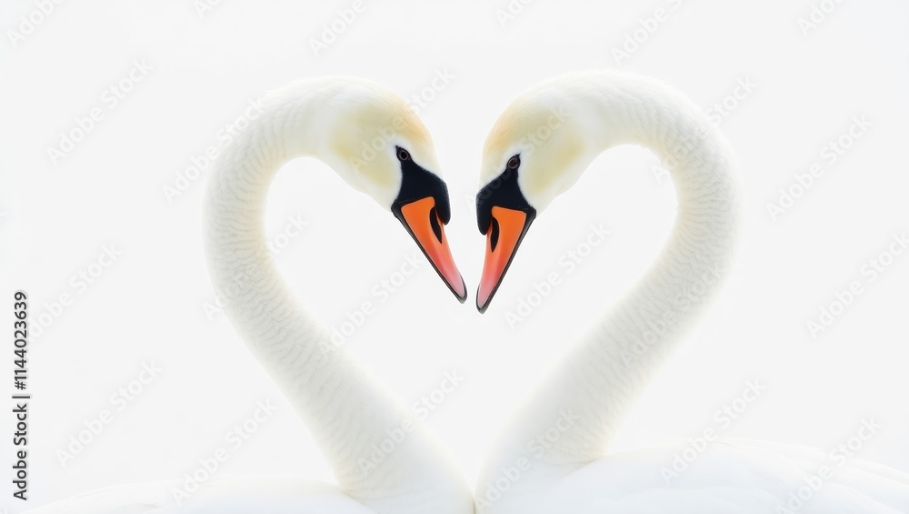 Fototapeta premium Two swans forming heart shape with necks on white background