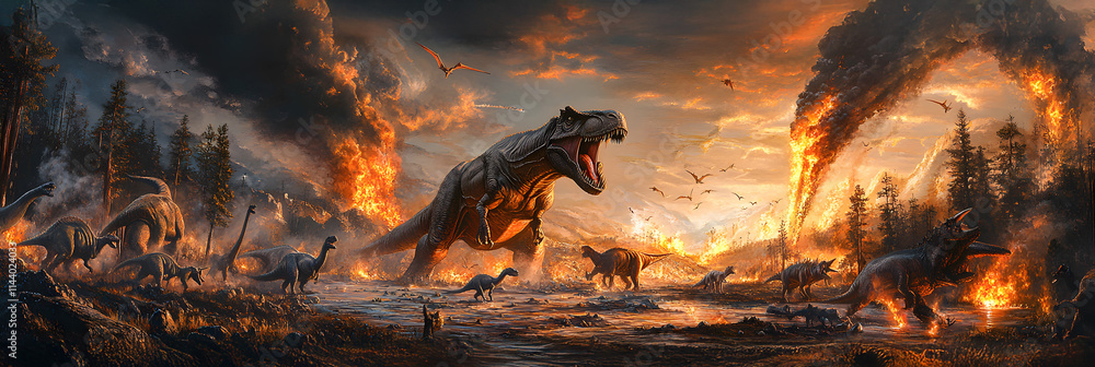 Fototapeta premium Prehistoric Inferno: Dinosaurs Facing Extinction