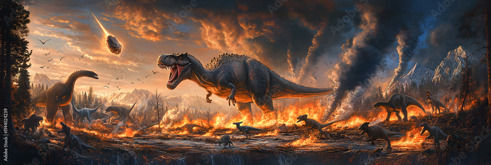 Naklejka premium Extinction Event: Tyrannosaurus Rex and the fiery apocalypse