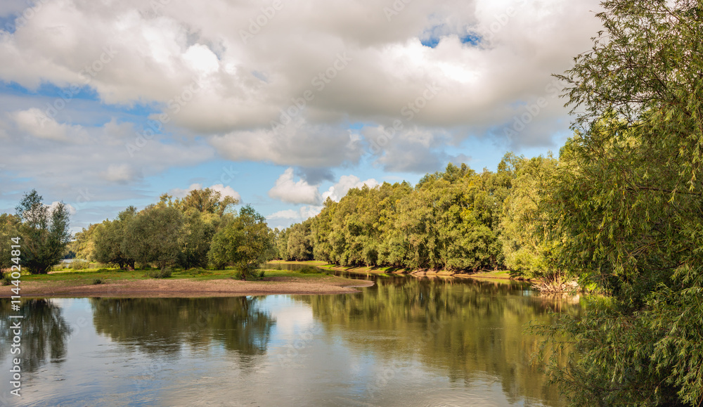 Picturesque landscape with a lake and a small sandy beach. The lake is surrounded by trees and bushes. It is summer, but dark rain clouds are visible in the sky.
