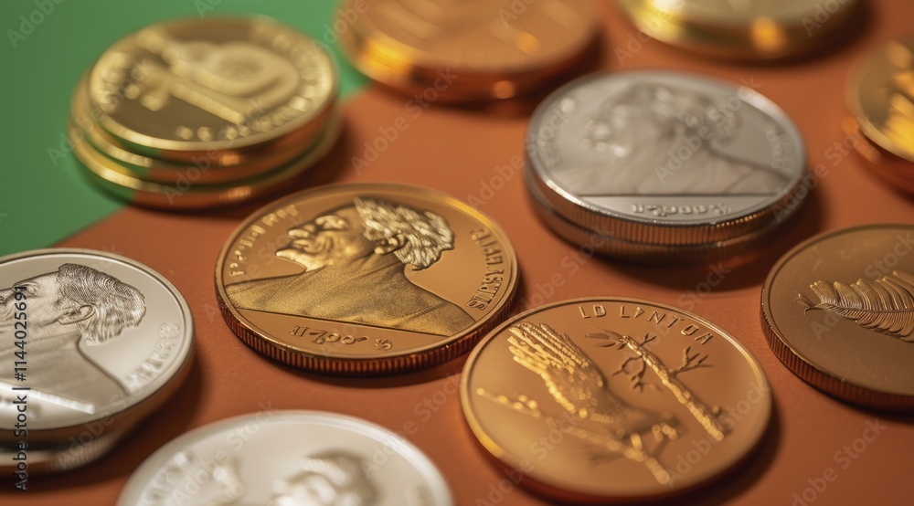 A detailed close-up shot showcasing a variety of gold and silver commemorative coins. A detailed close-up shot showcasing a variety of gold and silver commemorative coins.