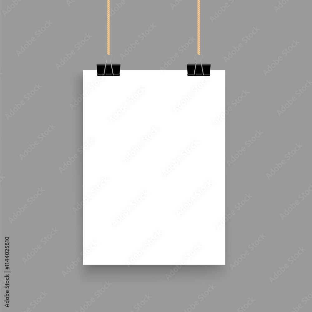 Vertical white poster hanging on binder clips. Vector sheet of paper mockup Vertical white poster hanging on binder clips. Vector sheet of paper mockup