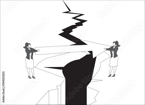 Businesswoman holding a longer arrow to help him cross the gully and overcome difficulties