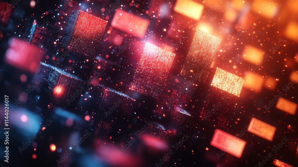 Abstract digital landscape with glowing cubes and particles, creating a futuristic atmosphere. Abstract digital landscape with glowing cubes and particles, creating a futuristic atmosphere.