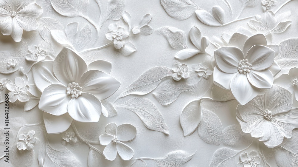 Embossed white floral wall texture. Embossed white floral wall texture.