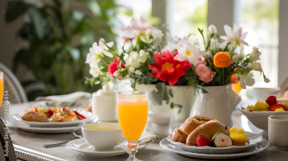 Beautifully Styled Brunch Table with Exquisite Eggs Benedict Fresh Orange Juice and a Stunning Floral Centerpiece Arrangement Beautifully Styled Brunch Table with Exquisite Eggs Benedict Fresh Orange Juice and a Stunning Floral Centerpiece Arrangement