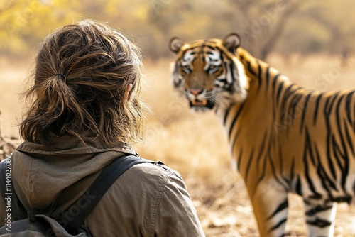 wildlife conservationist observing rare endangered species of tiger in wild tiger is visible in background as researcher photo