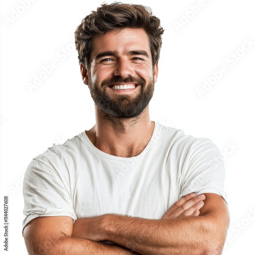 Smiling young man with beard in casual white t-shirt isolated on white background, showcasing happiness and confidence