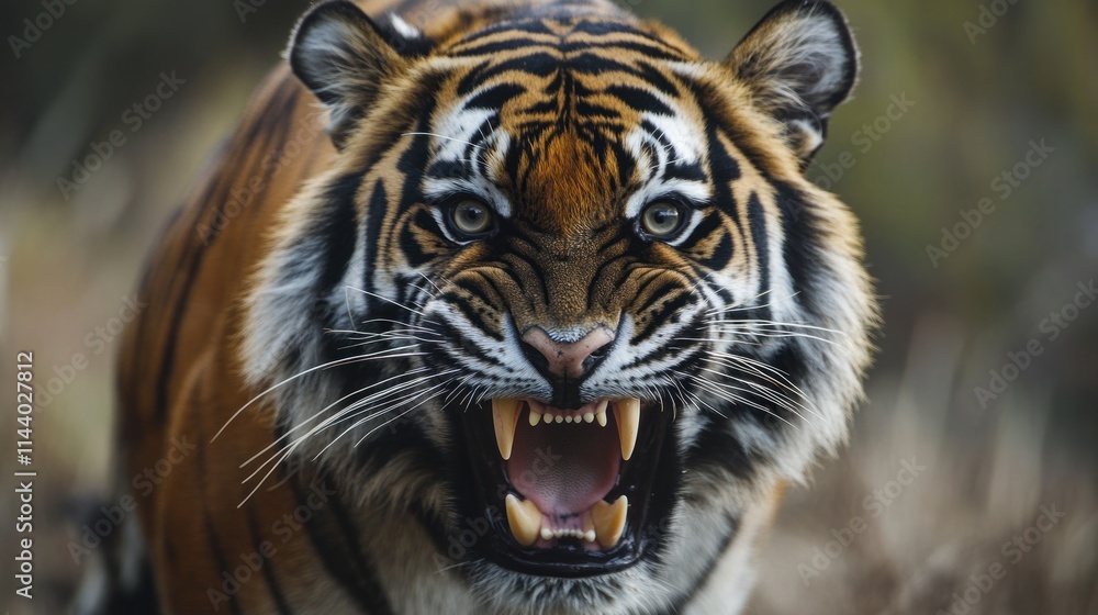 Obraz premium Close-up of a majestic tiger with bared fangs, showcasing its intense gaze and powerful presence in a natural habitat.