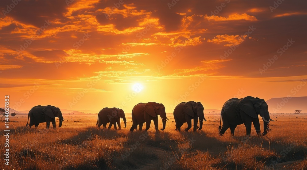 Fototapeta premium Herd of African Elephants Migrating Across the Savanna.
