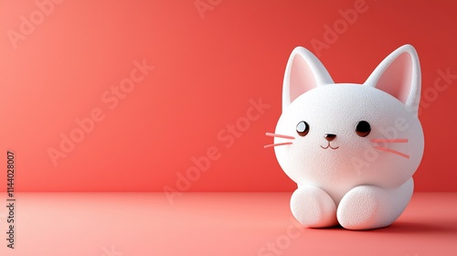 Cute white cartoon cat on red background.