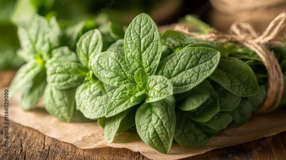 A fresh bundle of green mint leaves arranged on a wooden surface. A fresh bundle of green mint leaves arranged on a wooden surface.