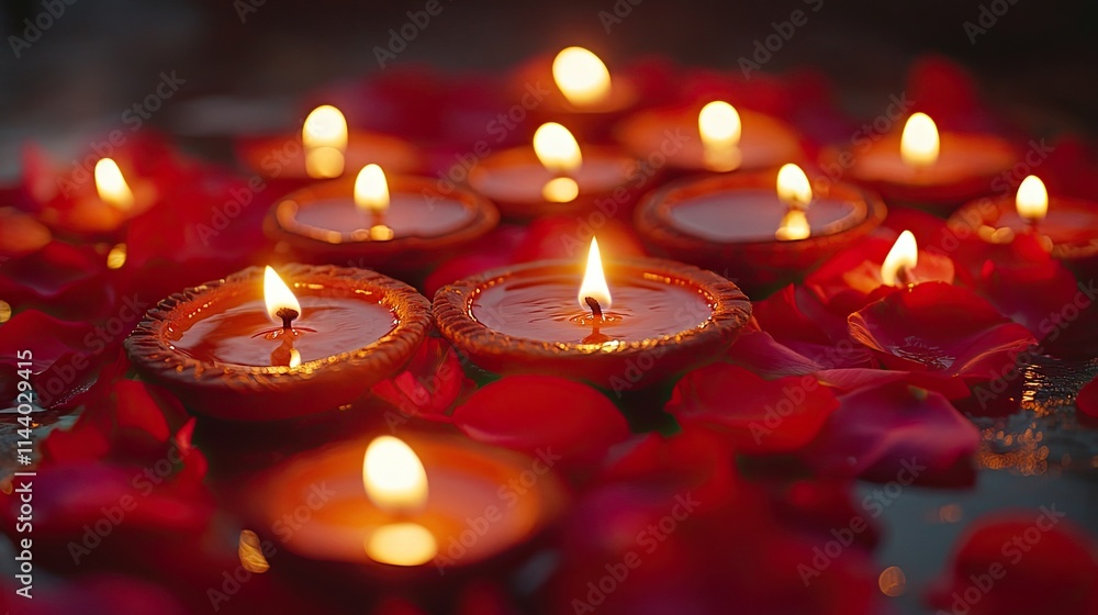 Diwali celebration lit Diyas flower petals representing Hindu festival lights creating joyful colorful atmosphere traditional decorations ideal cultural holiday themes Diwali celebration lit Diyas flower petals representing Hindu festival lights creating joyful colorful atmosphere traditional decorations ideal cultural holiday themes