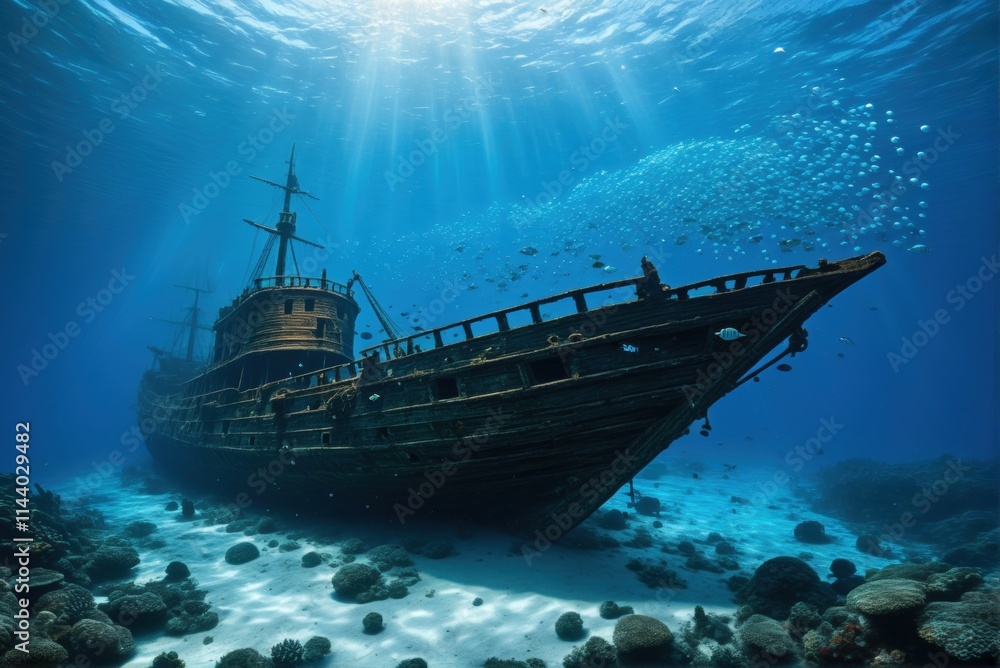 A majestic shipwreck rests on the ocean floor, bathed in a beam of sunlight, with fish swimming around. A majestic shipwreck rests on the ocean floor, bathed in a beam of sunlight, with fish swimming around.