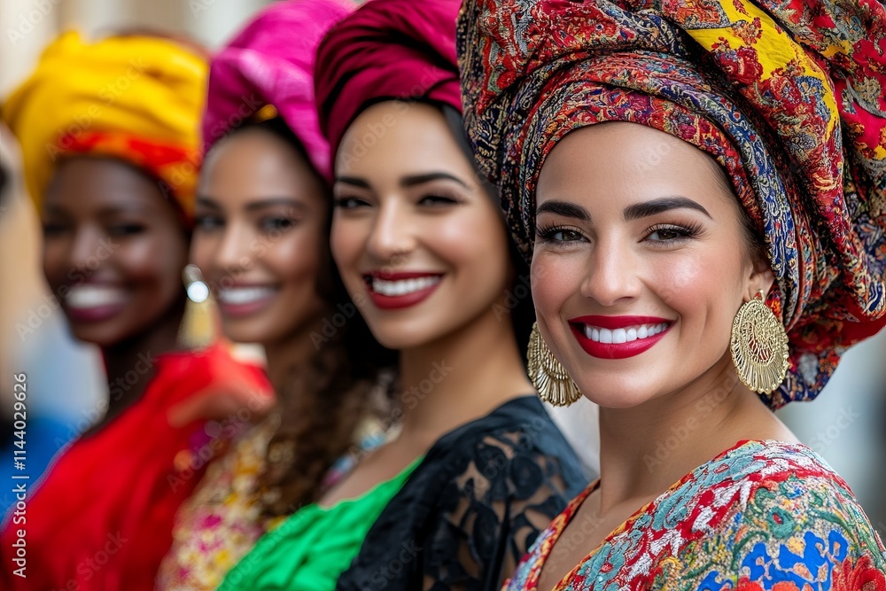 A smiling group of people wearing traditional clothing from their respective countries, standing together, symbolizing global diversity and inclusion A smiling group of people wearing traditional clothing from their respective countries, standing together, symbolizing global diversity and inclusion
