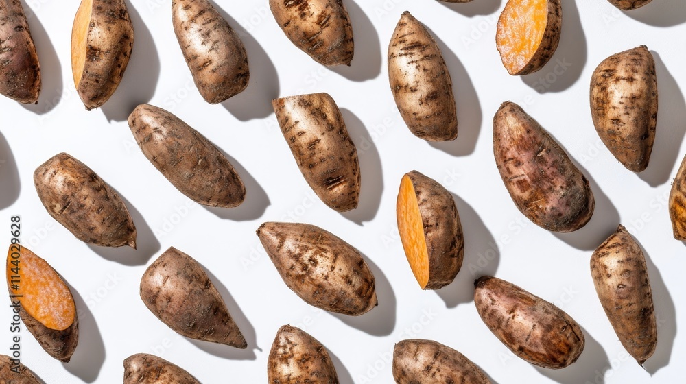 Sweet potato flatlay on white Sweet potato flatlay on white
