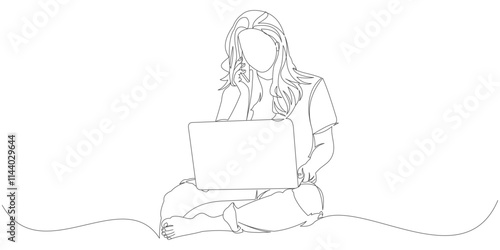 vector line art design of office woman working using laptop eps 2