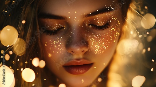 Close-up of a young Caucasian female with glittering makeup, eyes closed, surrounded by a dreamy bokeh background.