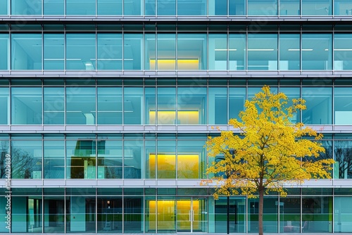 Eco friendly sustainable glass office building incorporating trees to mitigate carbon emissions