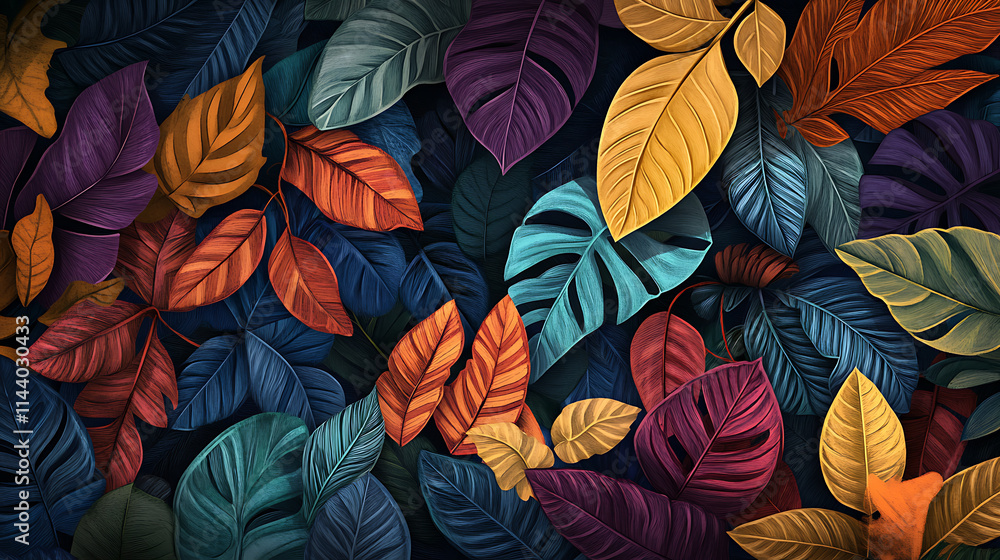 A vibrant composition of leaves and foliage, positioned to create a layered and visually appealing effect A vibrant composition of leaves and foliage, positioned to create a layered and visually appealing effect