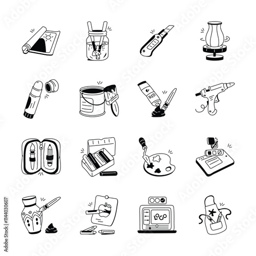 A collection of hand drawn craft and art supplies, including painting tools, drawing materials, pottery supplies, and design tools