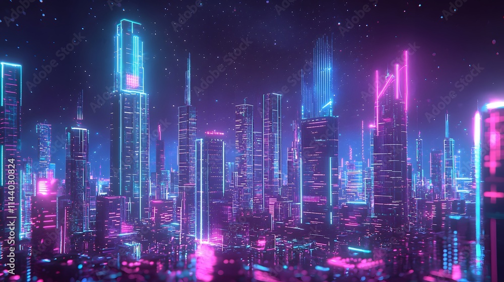 Hi-Tech City with Space Background and Neon Accents