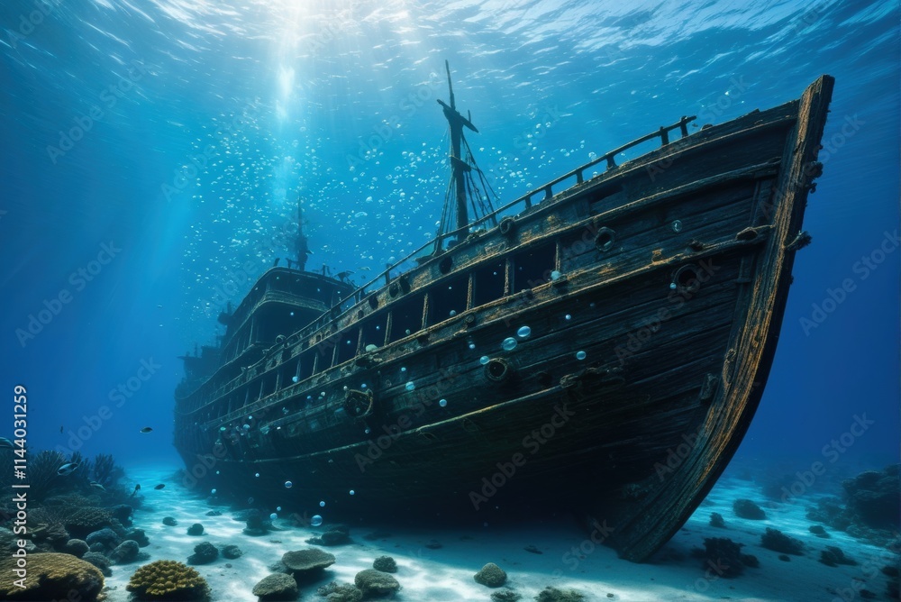 A majestic shipwreck rests on the ocean floor, bathed in a beam of sunlight, with fish swimming around. A majestic shipwreck rests on the ocean floor, bathed in a beam of sunlight, with fish swimming around.