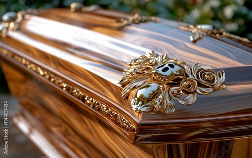 Exquisitely Crafted Wooden Coffin with Intricate Gold Ornaments photo