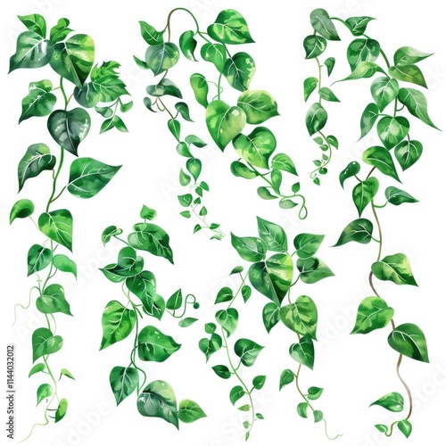 Vine Illustrations. Realistic Botanical Collection of Detailed Liana Leaves and Green Forest Foliage