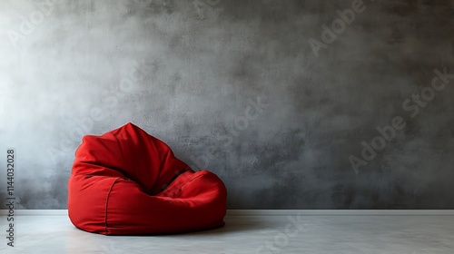 Red beanbag chair sits near textured wall photo wide shot. AI Generated photo