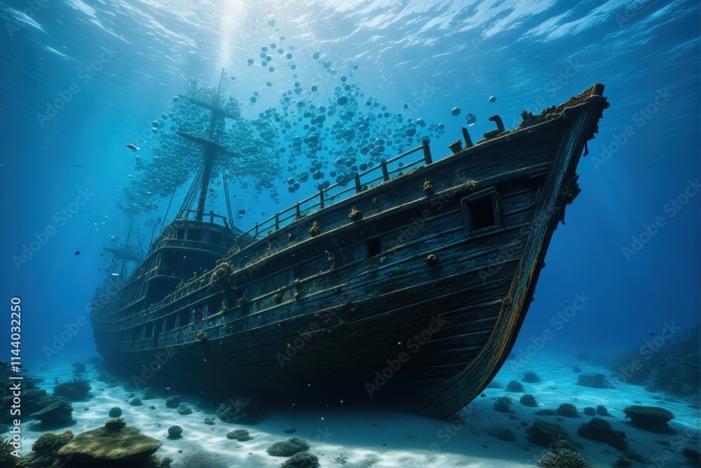 A majestic shipwreck rests on the ocean floor, bathed in a beam of sunlight, with fish swimming around. A majestic shipwreck rests on the ocean floor, bathed in a beam of sunlight, with fish swimming around.
