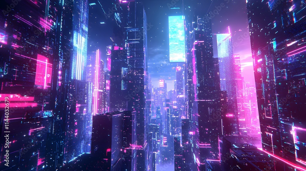 Digital City Illustration with Neon Lighting and Space Themes Digital City Illustration with Neon Lighting and Space Themes