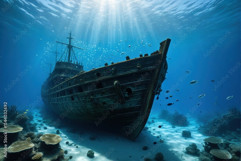 A majestic shipwreck rests on the ocean floor, bathed in a beam of sunlight, with fish swimming around. A majestic shipwreck rests on the ocean floor, bathed in a beam of sunlight, with fish swimming around.