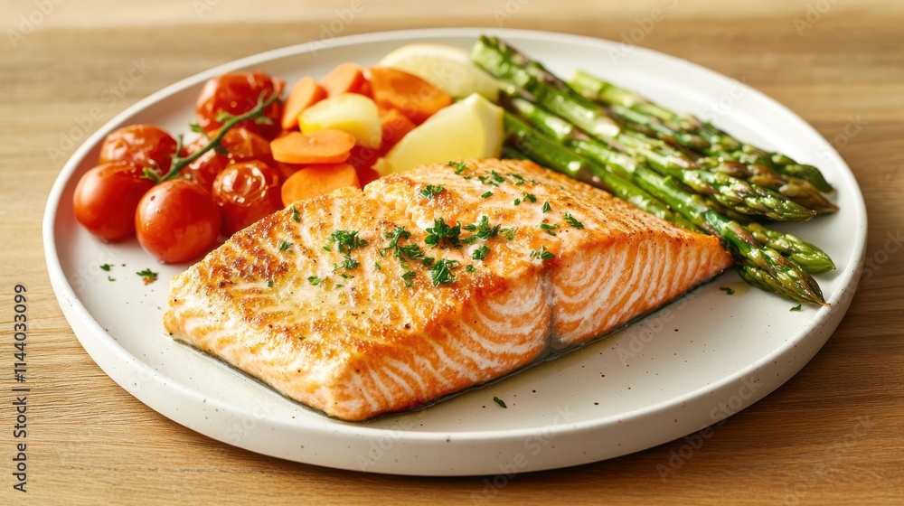 Delicious baked salmon with fresh asparagus and colorful vegetables on a white plate. Perfect for healthy meal ideas and simple dinner recipes. Delicious baked salmon with fresh asparagus and colorful vegetables on a white plate. Perfect for healthy meal ideas and simple dinner recipes.
