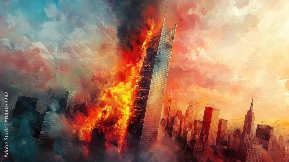 Obraz premium A towering skyscraper engulfed in flames rises against a dramatic skyline. The orange and red flames illuminate the cloud-filled sky, creating an intense scene of urban chaos.