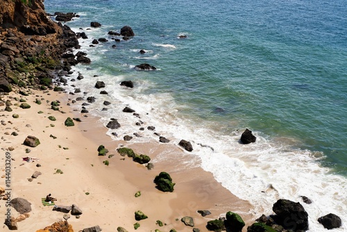 Photography Scenic rocky beach with sunbathers and waves.